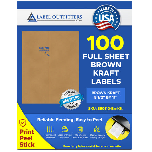 100 Full Sheet Recycled Printable Brown Kraft Labels 8-1/2" x 11" One Label Per Sheet 100 Sheets