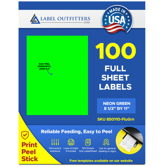 100 Full Sheet 8.5" x 11" Fluorescent Neon Green Labels One Label Per Sheet