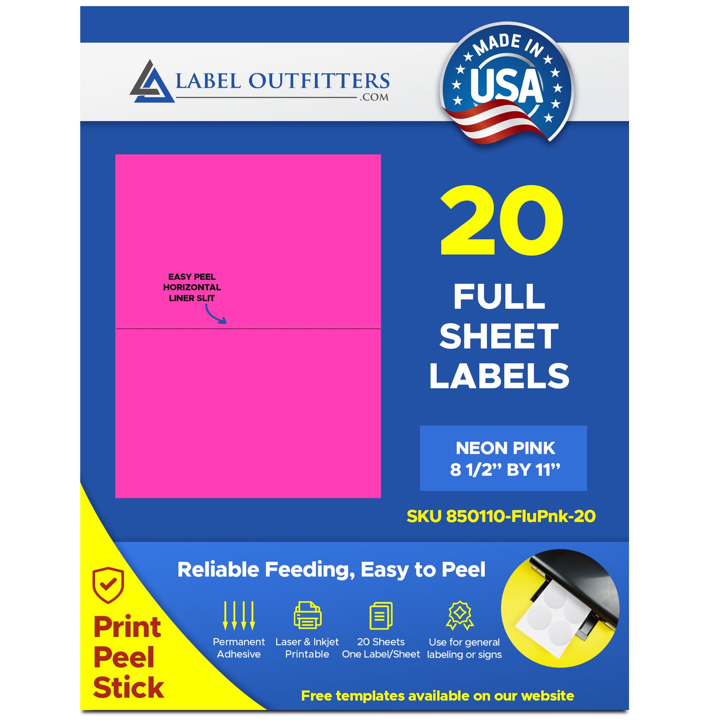 20 Full Sheet Fluorescent Neon Pink (Magenta) High Visibility 8-1/2" x 11" Labels One Lable Per Sheet 20 Sheets