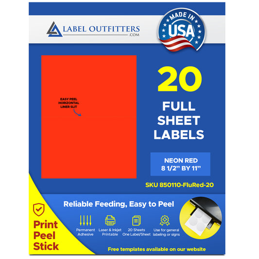 20 Full Sheet Fluorescent Neon Red High Visibility Labels 8-1/2" x 11" One Label Per Sheet 20 Sheets