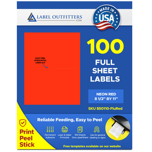 100 Fluorescent Neon Red Full Sheet High Visibility Labels 8.5" x 11" One Label Per Sheet 100 Sheets