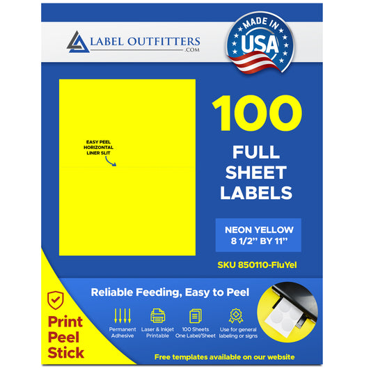 100 Full Sheet Fluorescent Neon Yellow High Visibility 8.5" x 11" Labels One Label Per Sheet 100 Sheets