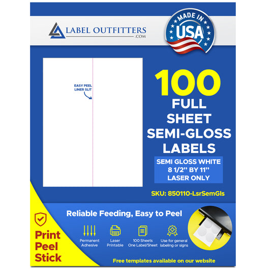 100 Full Page Printable White Semi-Gloss Laser Labels One Label per Sheet 100 Sheets