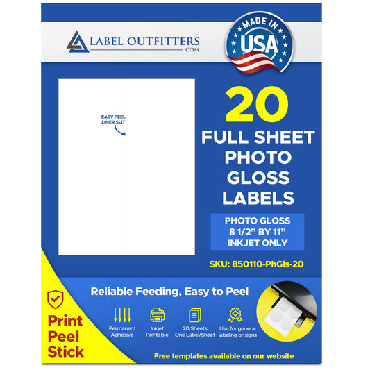 20 Full Sheet Photo Glossy Inkjet Labels 8.5" x 11" One Label Per Sheet