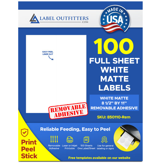 100 Full Sheet White Printable Labels Removable Adhesive 8-1/2" x 11" One Label Per Sheet 100 Sheets