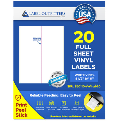 20 Full Sheet Weatherproof Vinyl Laser Labels w/ Vertical Liner Slit 8.5" x 11" 20 Sheets