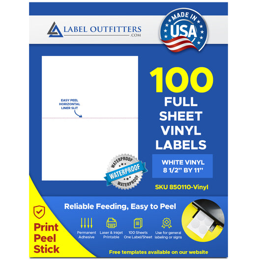 100 Heavy Duty White Vinyl Waterproof Laser Labels 8-1/2" x 11" Full Sheet 100 Sheets