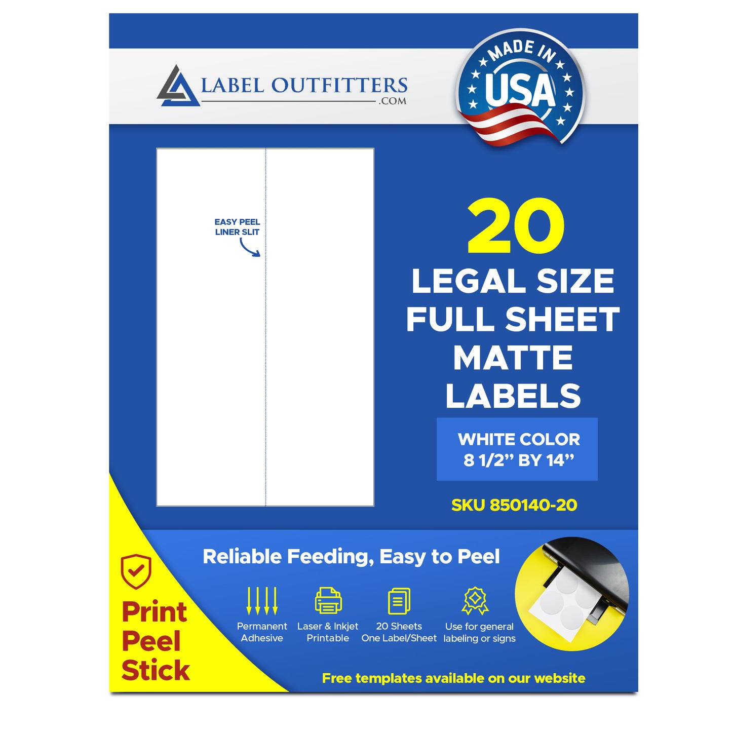 20 Large Outfitters® 8.5" x 14" White Matte Printable Full Sheet Labels 20 Sheets One Label Per Sheet