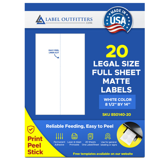 20 Large Outfitters® 8.5" x 14" White Matte Printable Full Sheet Labels 20 Sheets One Label Per Sheet