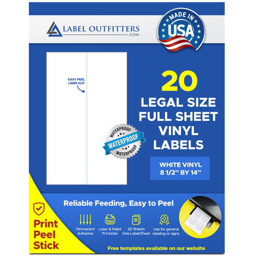 20 Large Full Legal Sheet 8.5" x 14" White Vinyl Weatherproof Heavy Duty Labels