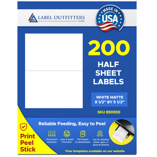 Half Sheet White Matte Shipping Labels for USPS Click n Ship Software - 100 Sheets, 200 Labels