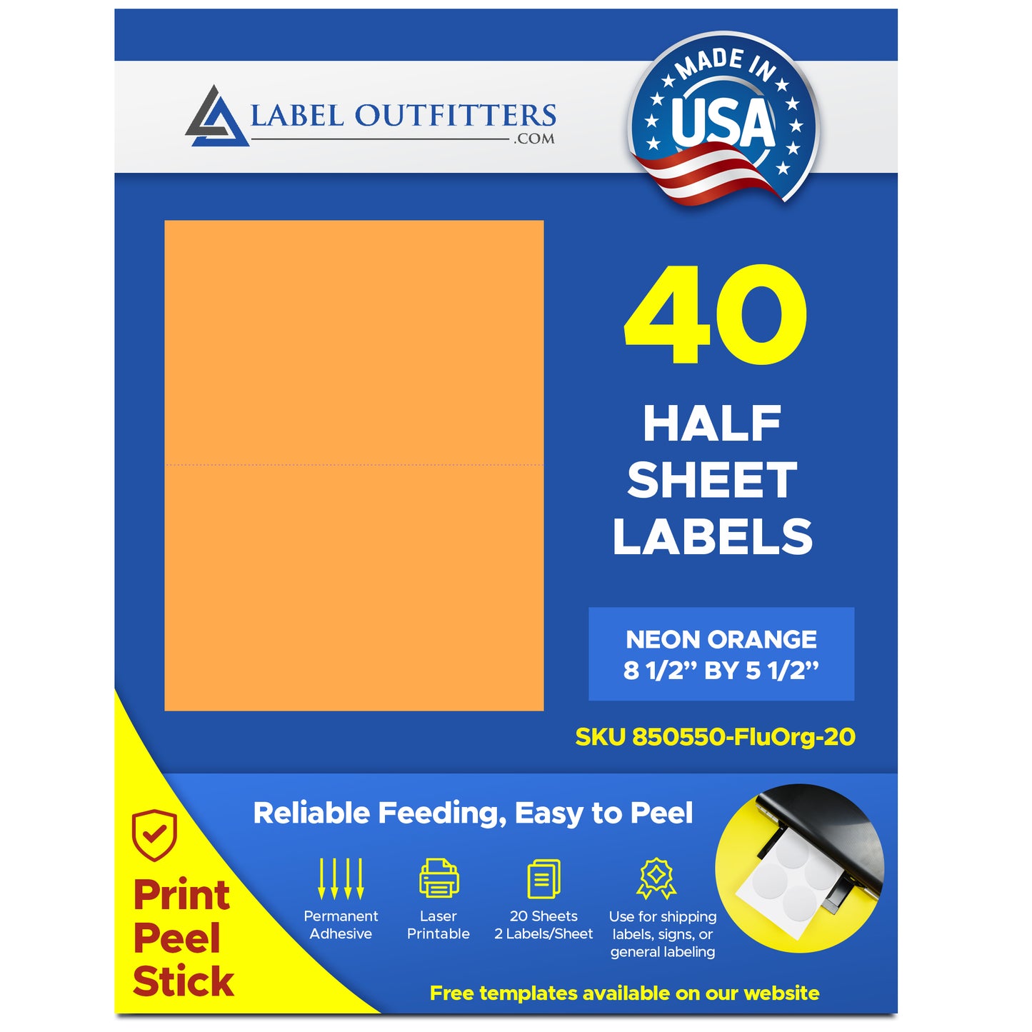 40 Fluorescent Neon Orange High Visivility Half Sheet Labels 8-1/2" x 5-1/2" 20 Sheets