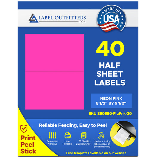 40 Large Fluorescent Neon Pink Labels 8-1/2" x 5-1/2" 20 Sheets 2 Labels Per Sheet