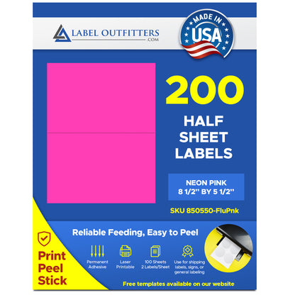 200 Large Neon Fluorescent Pink (Magenta) Labels 8-1/2" x 5-1/2" 100 Sheets 2 Labels Per Sheet