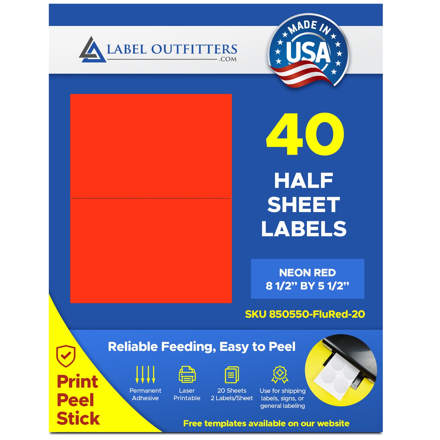 40 High Visibility Fluorescent Red Labels 8-1/2" x 5-1/2" 20 Sheets 2 Labels Per Sheet