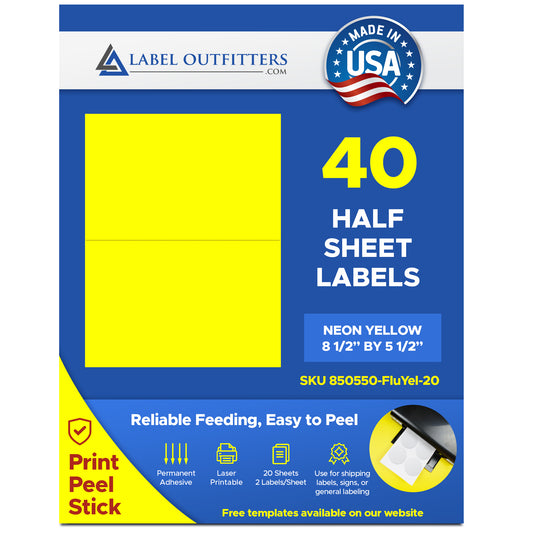 40 Fluorescent Neon Yellow Labels 8-1/2" x 5-1/2" 20 Sheets 2 Labels Per Sheet