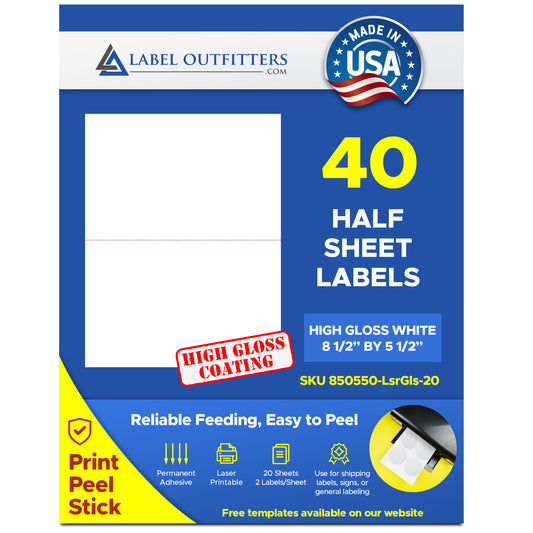 40 Laser Printable White High Gloss Half Sheet Labels, 8-1/2" x 5-1/2" 20 Sheets 2 Labels Per Sheet