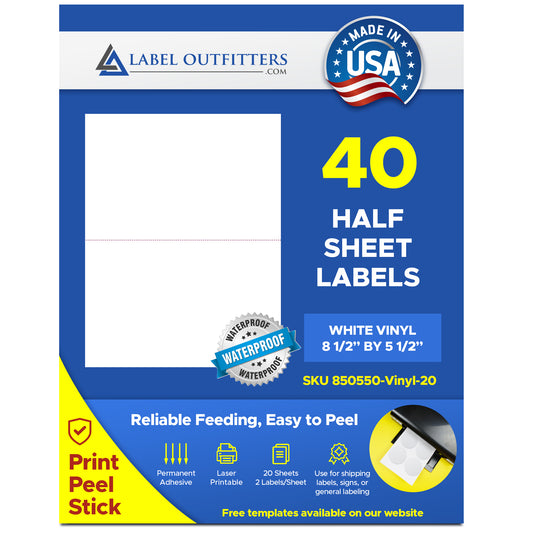 40 Durable Vinyl Waterproof Printable Labels 8.5" x 5.5" 20 Sheets 2 Labels Per Sheet