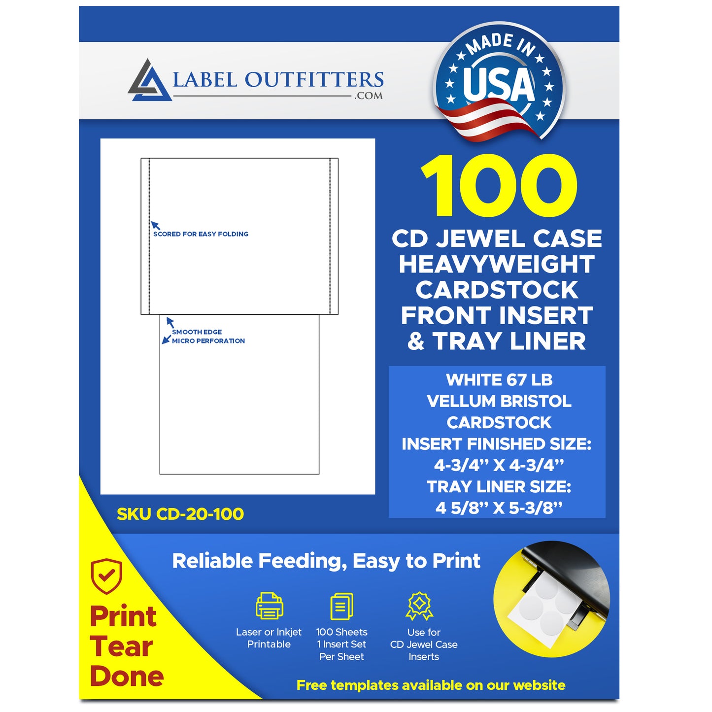 CD Jewel Case Insert Sets 100 sheets Includes Tray Liners and Front Inserts 67# White Bristol Card Stocks