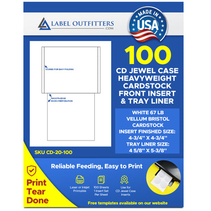 CD Jewel Case Insert Sets 100 sheets Includes Tray Liners and Front Inserts 67# White Bristol Card Stocks