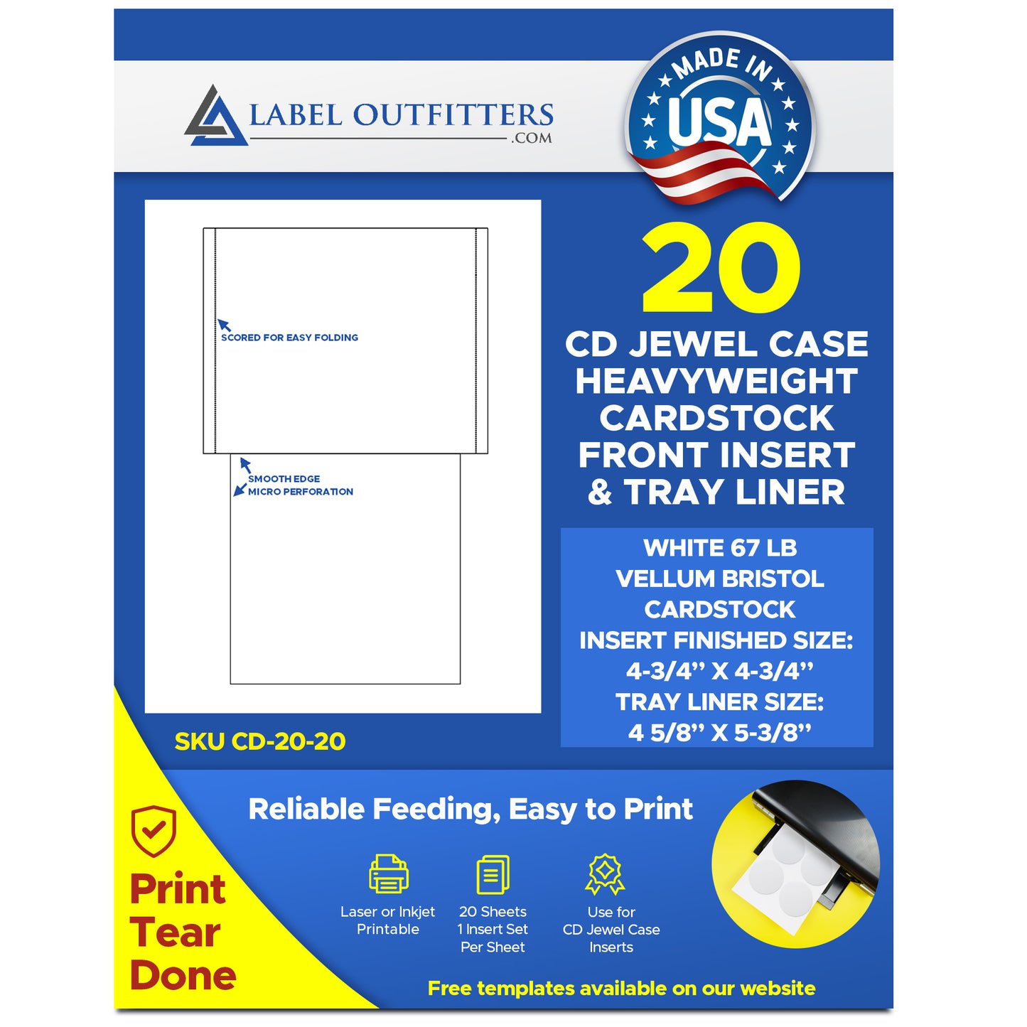 20 Sets Jewel Case Inserts Tray Liner and Front Insert 67# White Bristol Card Stock