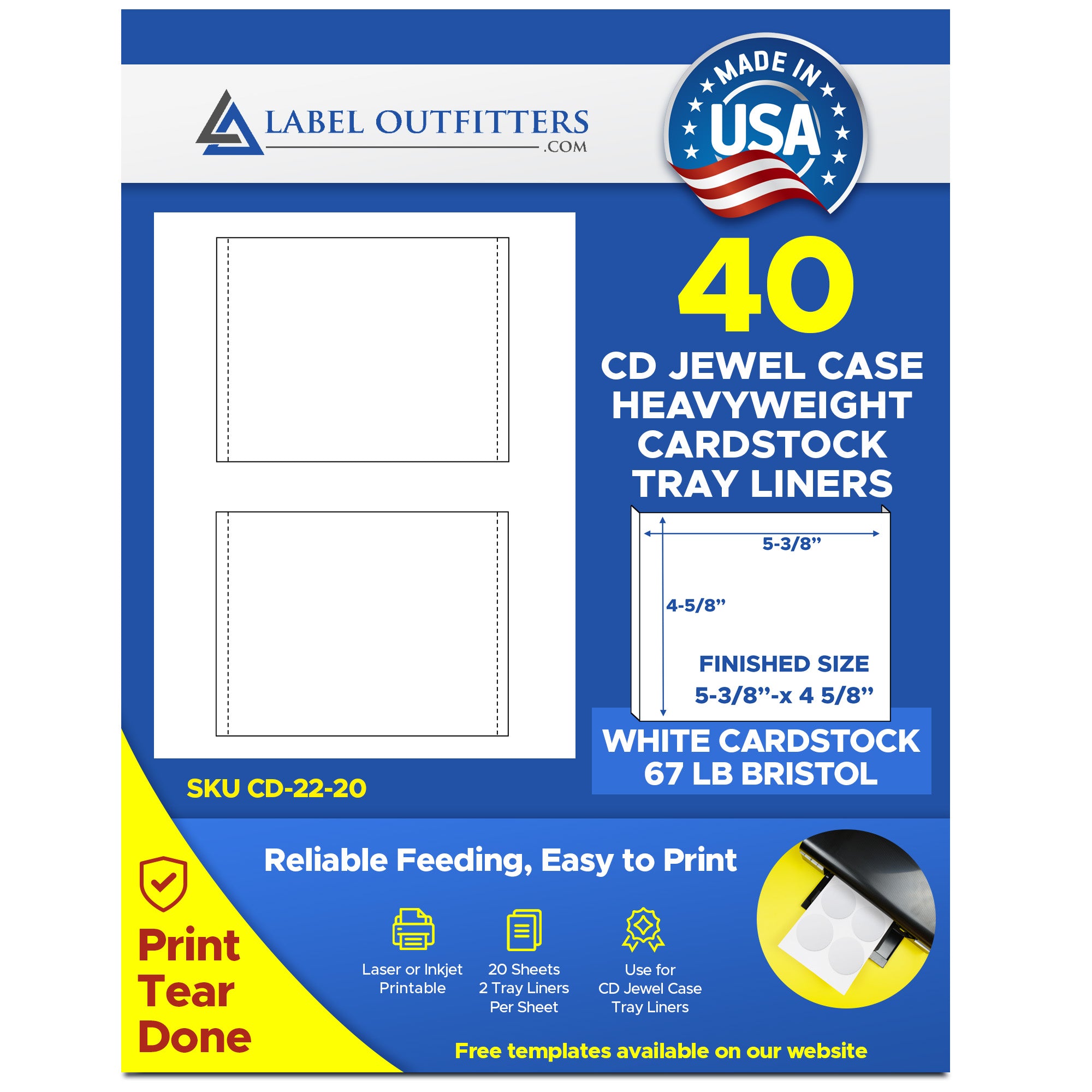 20 Sheets Print Your Own CD Tray Inserts 67# White Cardstock 2 Inserts