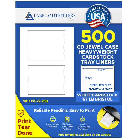 250 Print Your Own CD Tray Inserts White 67# Cardstock 2 Inserts Per Sheet 500 Inserts