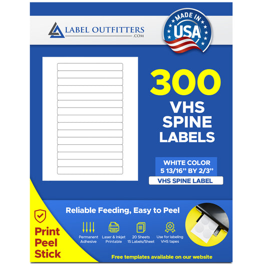 300 White Matte VHS Spine Labels Laser or Inkjet Printers 20 Sheets 15 Labels Per Sheet